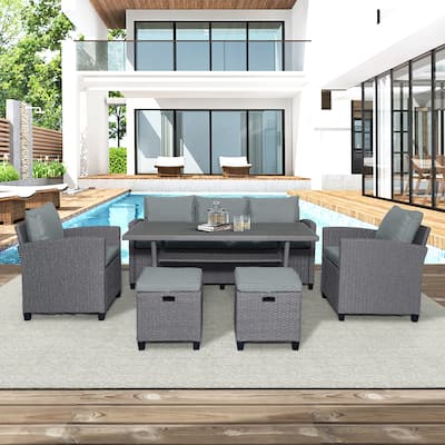 6-Piece Rattan Wicker Set Patio Sofa w2 Armchairs, 2 Stools and Table