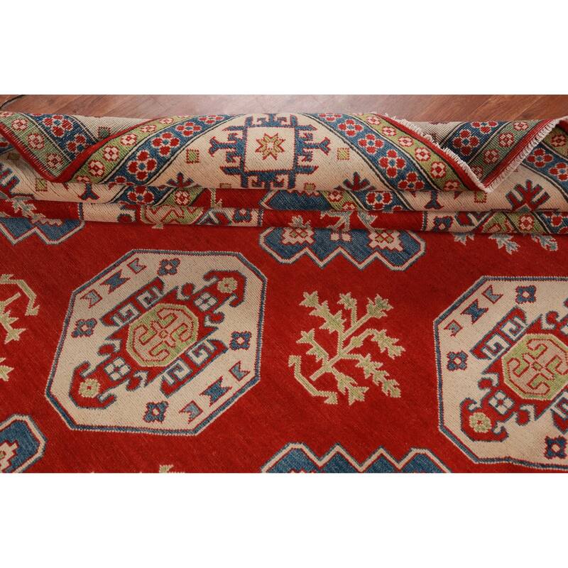 Hand Knotted Oriental 100% Wool Carpet Traditional Geometric Red Kazak Area Rug - 9' 8'' X 7' 11''