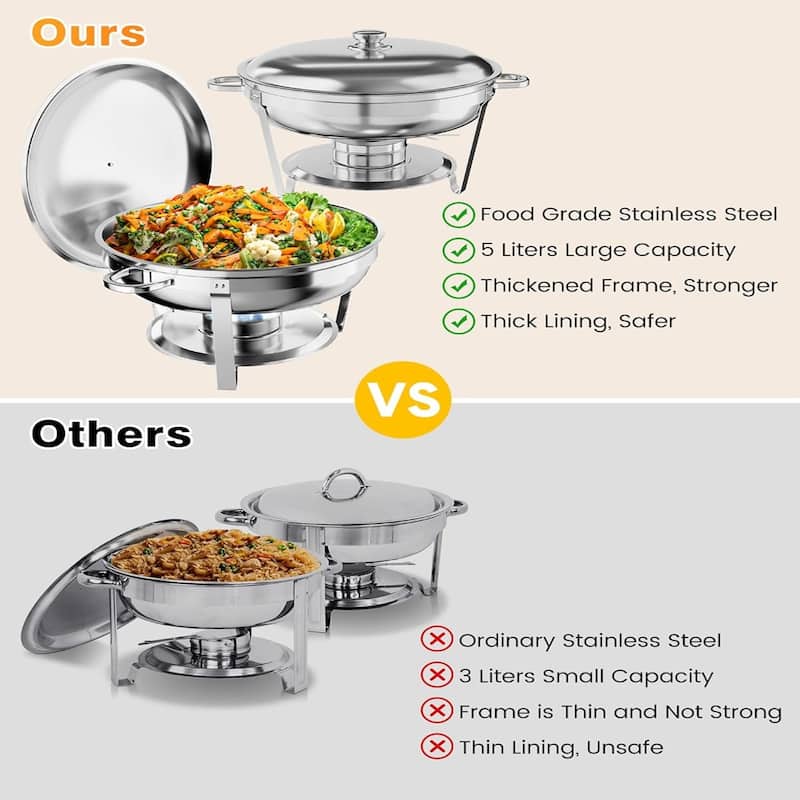 Stainless Steel Fondue and Food Warmer 5QT Round Fondue Buffet Set with Lid Stand Spoon and Tweezers (Silver 4-Pack)
