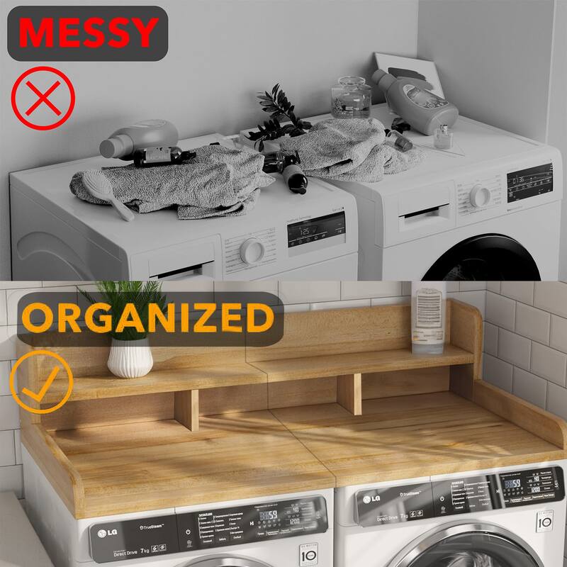 Washer Dryer Countertop, Laundry Wood Shelf Topper with Edge, 54" Width x 27.5" Depth Double Layer Organizer