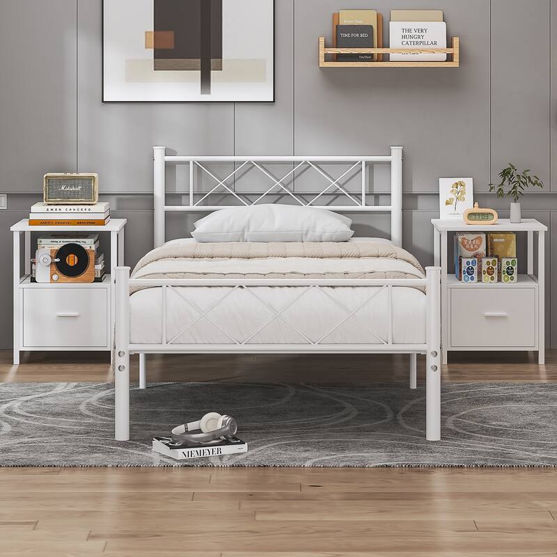 VECELO Industrial 3-Piece Bedroom Set Metal Bed Frame with Headboard and Modern Nightstand Set of 2 - White Set - Twin