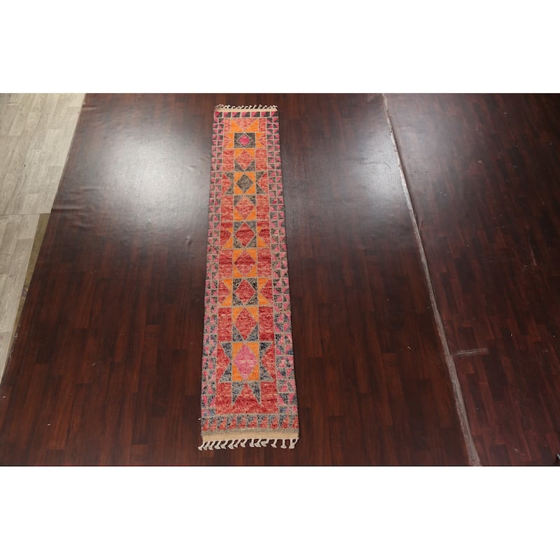 Geometric Oriental Moroccan Wool Runner Rug Handmade Staircase Carpet - 2'5" x 12'7"
