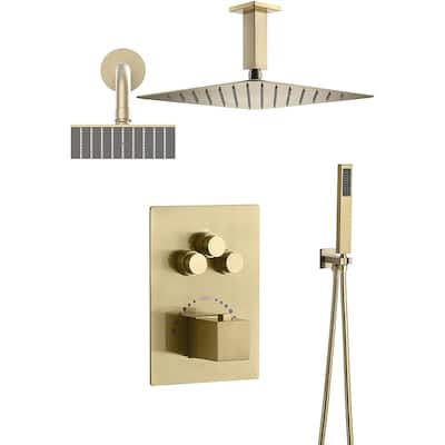 Dual Heads 12" Rainfall & High Pressure 6" Shower System w/ 3 Way Thermostatic Faucet - Brushed Gold - Brushed Gold