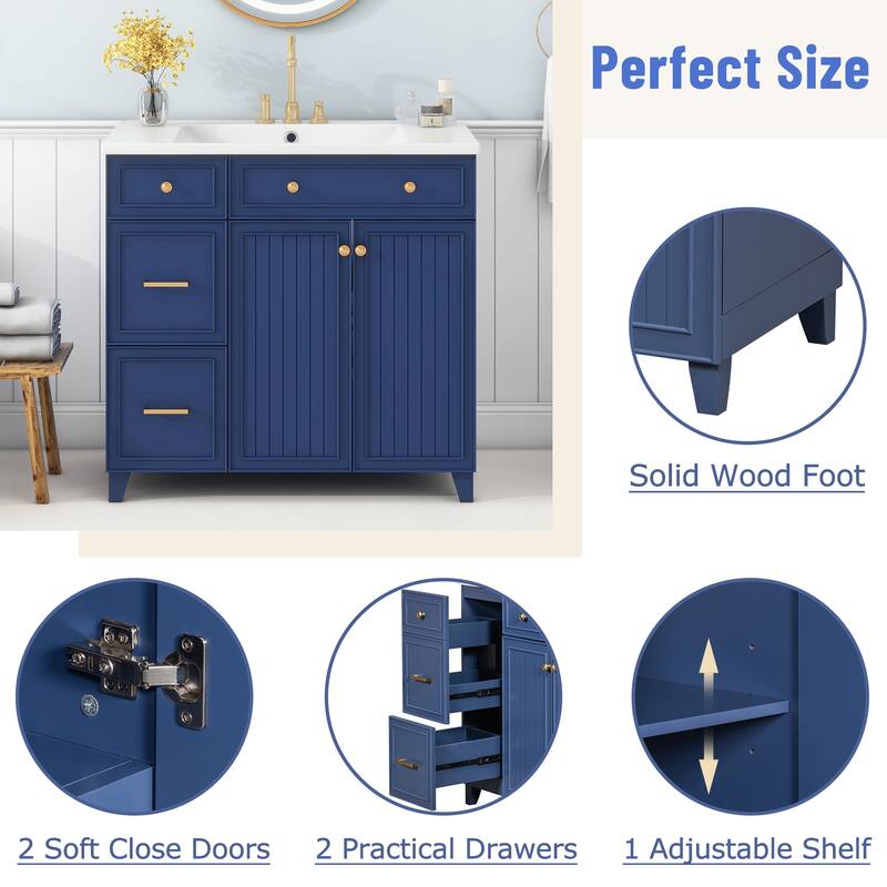 36-inch Bathroom Vanity with Rectangular Resin Sink, Modern Undermount Bathroom Sink Cabinet with 2 Drawers & Adjustable Shelf - 36 Inch - Navy Blue