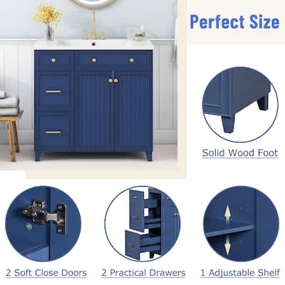 Navy Blue Bathroom Storage Cabinet Resin One-piece Basin, 36" Single Sink Bathroom Vanity Cabinet with 2 Drawers, Soft-close
