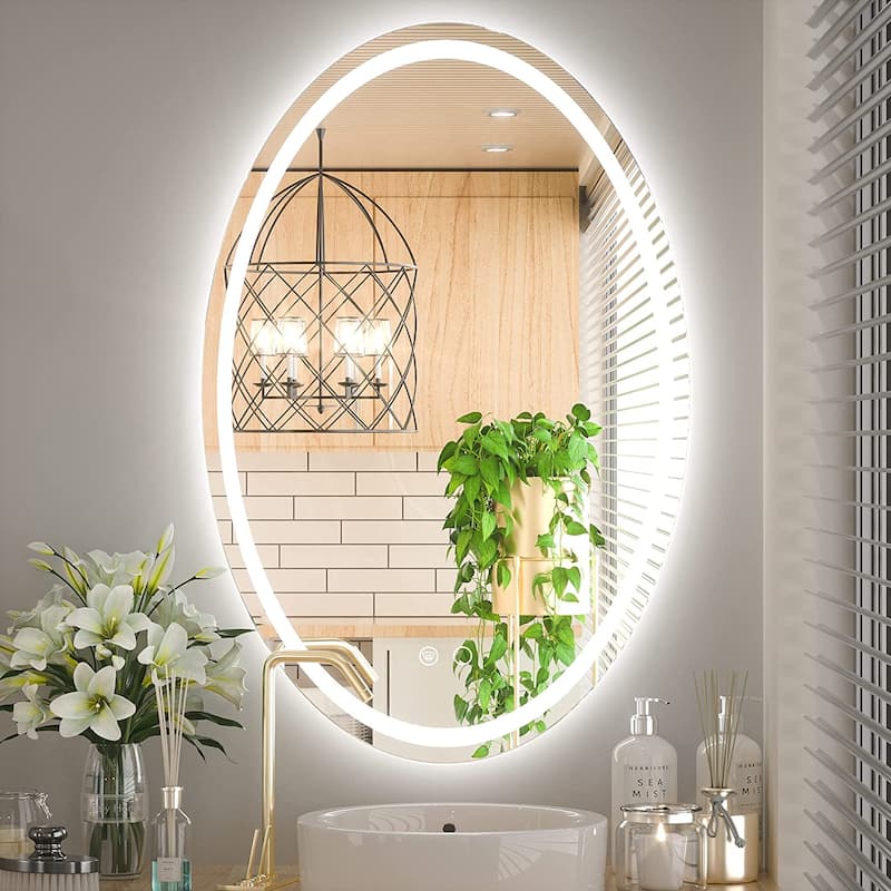 KEONJINN Oval Frameless Wall Mounted LED Bathroom Mirror Anti-Fog Dimmable - 24x36-Frontlit