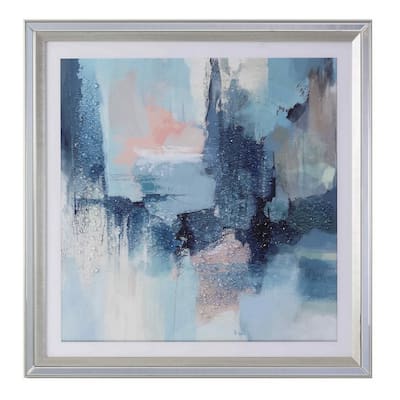 Wall Art with Acrylic Frame and Abstract Design, Silver and Blue