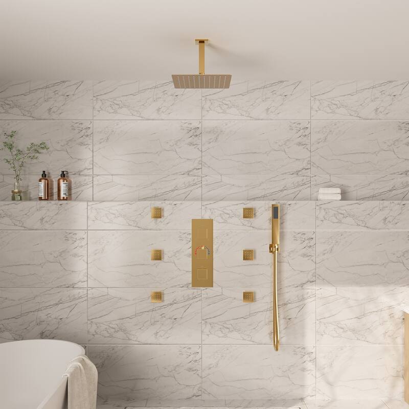 Thermostatic 3-Spray 12 in. Ceiling Mount Shower System with Handheld Shower Head and 6 Body Jets - 12" x 12"
