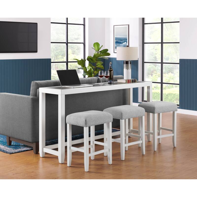 Cordero Wood Glass Top 72-Inch Wide Counter Height Console Bar Table and 3 Stools Set - White