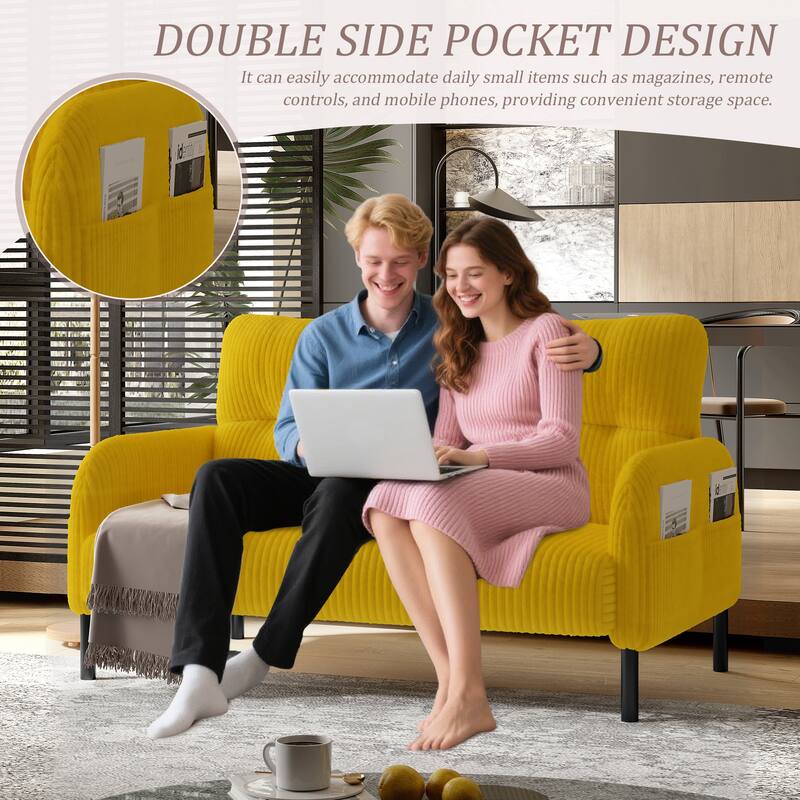 Small Corduroy Upholstered Loveseat Sofa, Lounge Sofa Chair with Double Side Pockets, High-Density Sponge 2 Seater Sofa