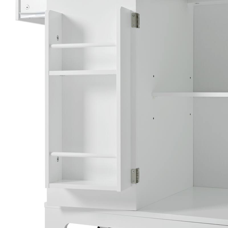 Fluted Kitchen Island with Trash Can Storage Cabinet,Power Outlet, Rolling Islands on 5 Wheels with 3 Drawer,3 Open Side Racks