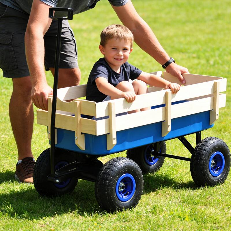 Anmytek Garden Cart Utility Wagon with Inflatable Tires Outdoor Hauler Blue Wooden