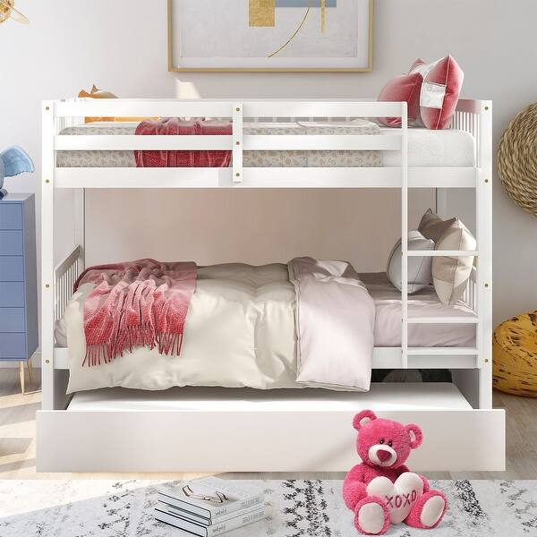 slide 2 of 18, Minimalist Design Wooden Detachable Full Over Full Bunk Bed with Trundle Bed White