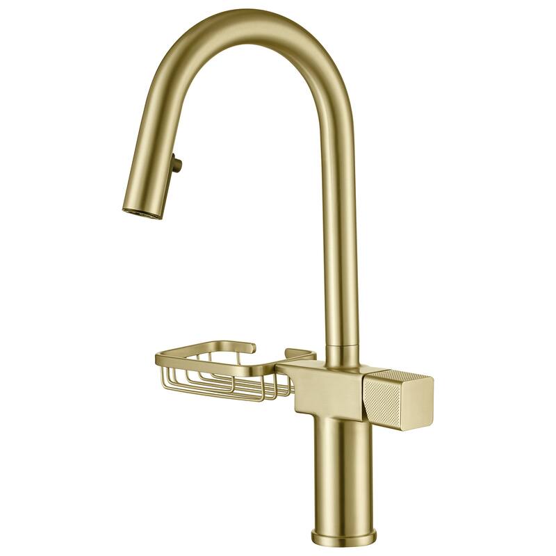 Modern Single Hole Stainless Steel High Arc Pull-Down Kitchen Faucet - Brushed Gold