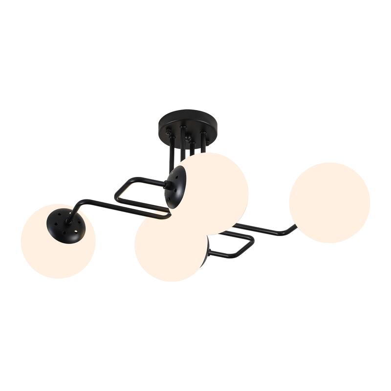 Mid - Century Modern 4 - Light Chandelier, Brass Frame with Glass Globes