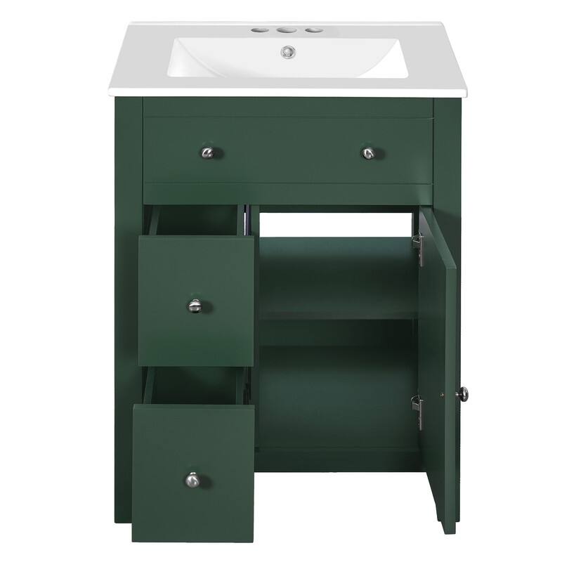 24" Bathroom Vanity with Ceramic Basin, 2 Drawers, Soft-Closing Door