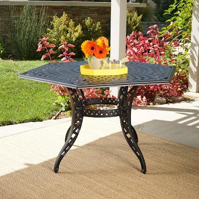 Roomfitters Hexagonal Cast Aluminum Patio Dining Table with Intricate Lattice Design, Umbrella Hole, Bronze
