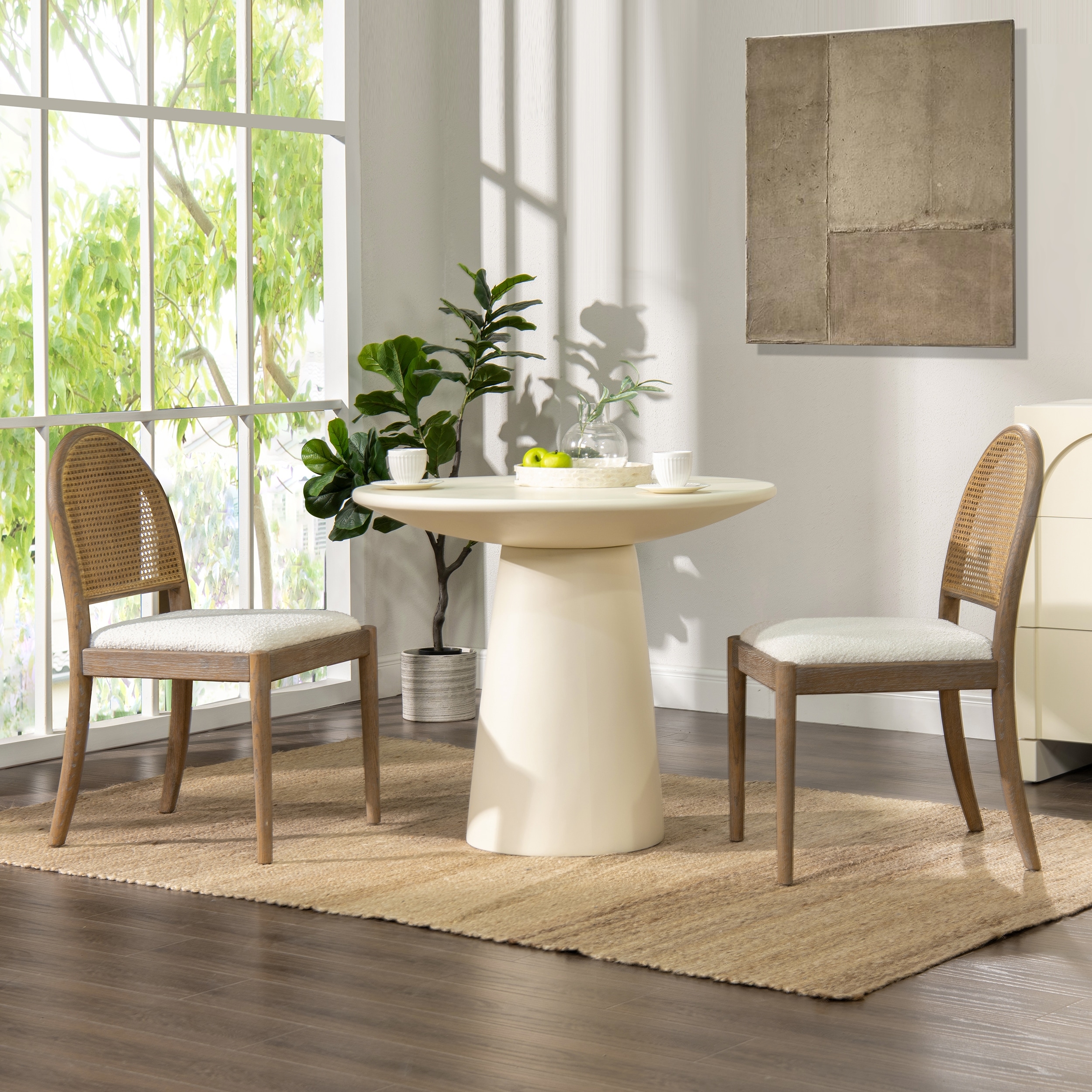 Panama 18" Curved Cane Rattan Boucle Upholstered Dining Chair (Set of 2)