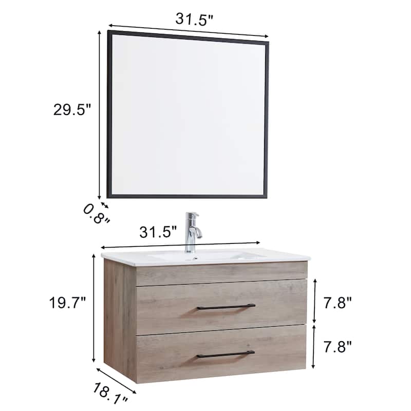 32" Wall-Mounted Bathroom Vanity with Double Drawers,White Sink,Mirror