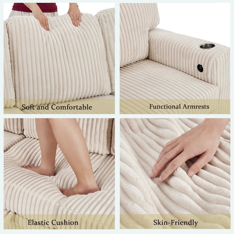 L-Shaped 5-Seat Sofa Bed, Convertible with USB, Beige Corduroy, Storage