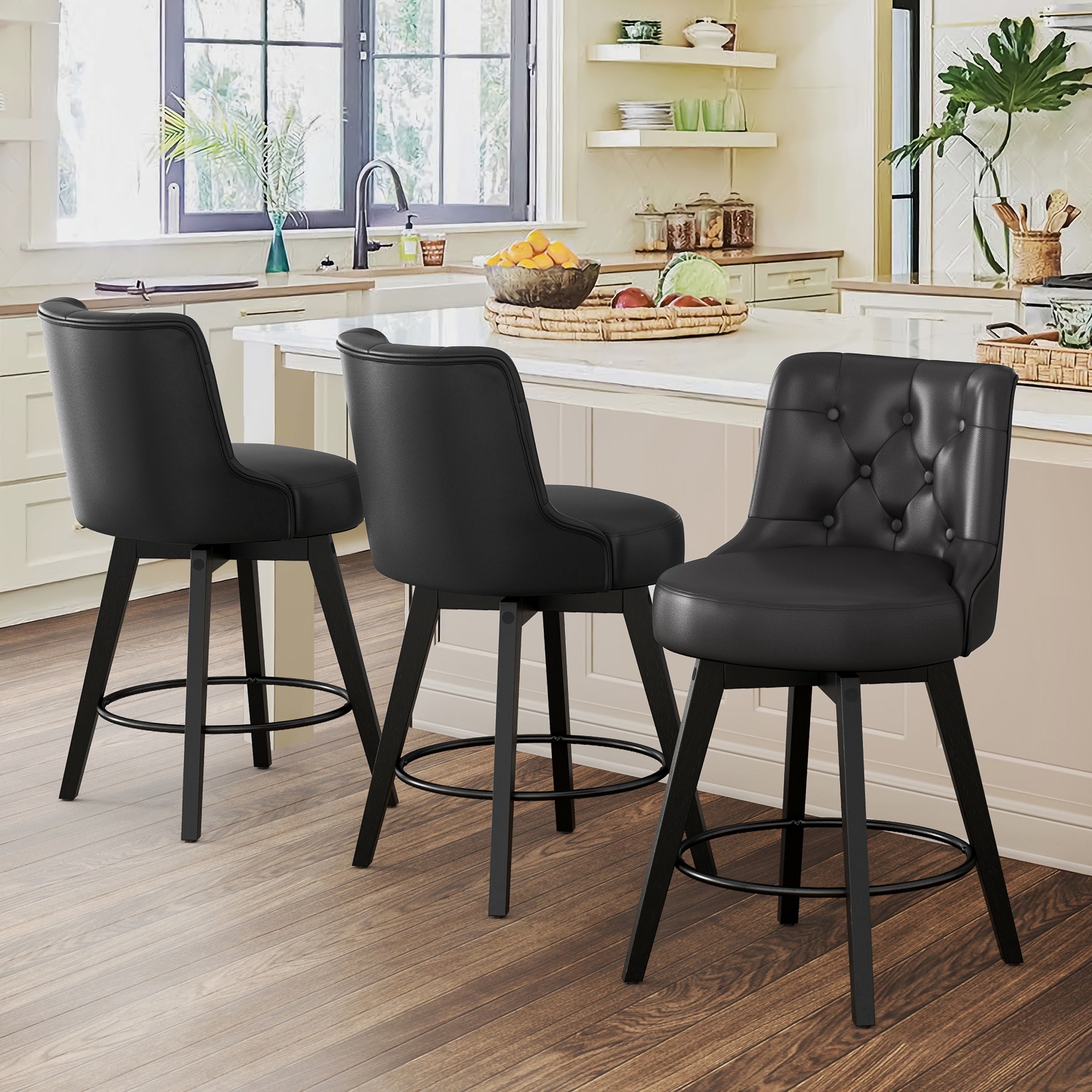 26" Counter Height Modern Swivel Bar Stools with Solid Wood Frame Set of 2, 3, 4, 6 Upholstered Fabric Faux Leather