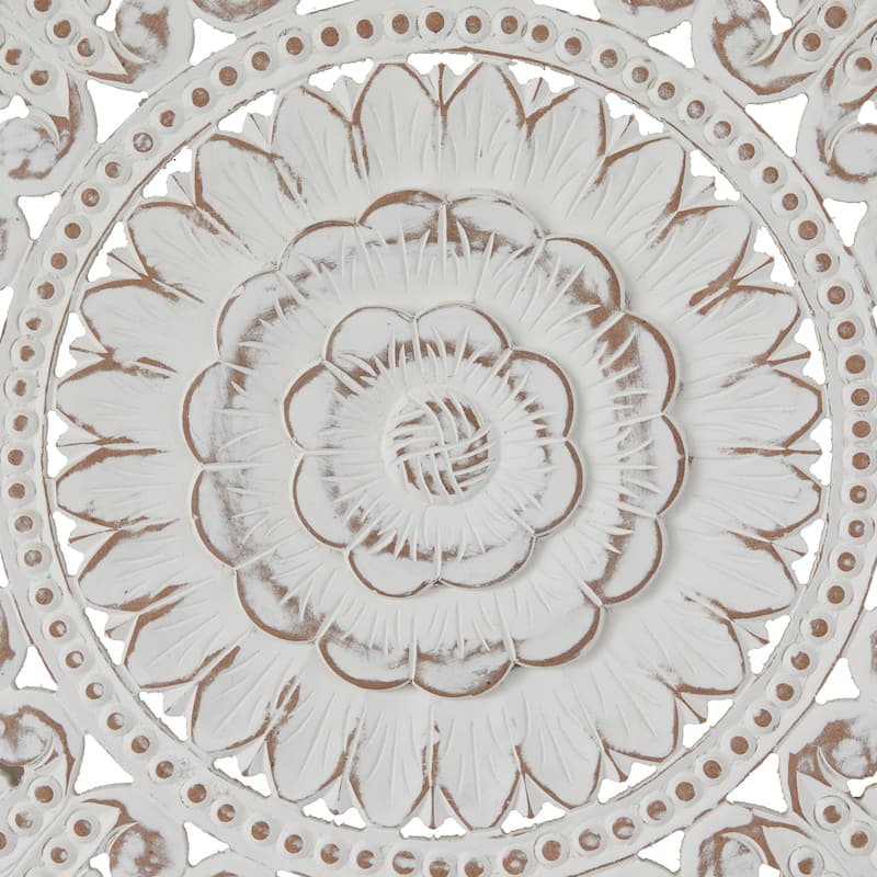 Wooden Handmade Intricately Carved Floral Wall Decor with Mandala Design (Set of 3) - Brown or White