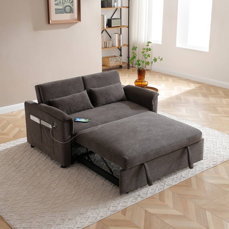 3 in 1 Convertible Sofa Bed with USB Port, Velvet 2 Seater Pull Out Sofa Bed, Loveseat Sofa with Adjustable Back & Side Pockets