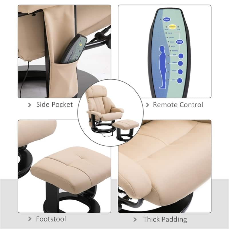 Beige PU Leather Swivel Massage Recliner Chair with Ottoman and 10-Point Vibration Included Remote - 30" W x 31.5" D x 40.25" H