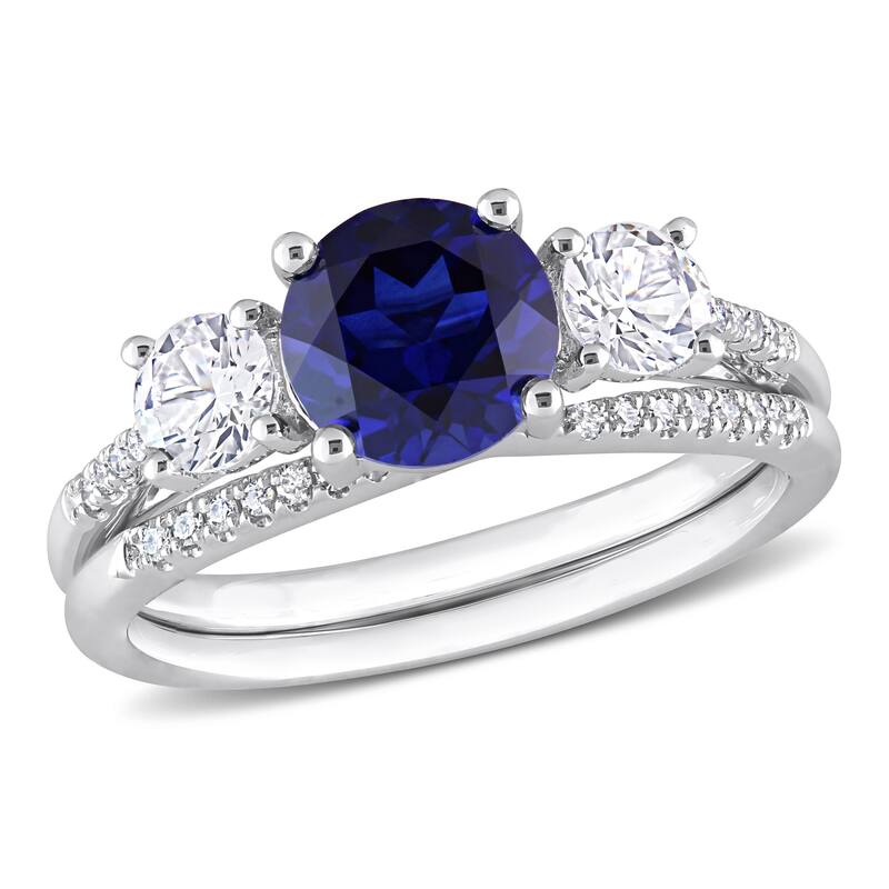Miadora 10k White Gold Created Blue White Sapphire & 1/10ct TDW Diamond 3-Stone Bridal Ring Set