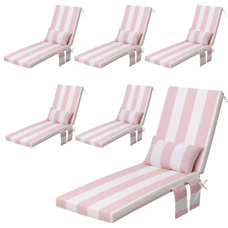 Outdoor Lounge Chair Cushions Patio Chaise Lounge Chair Seat Cushion with Pillow - 72 inches long - Pink&White - 6PC