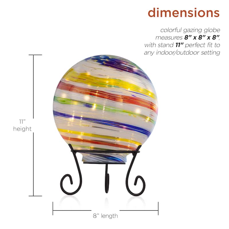 Alpine Corporation 8" Diameter Indoor/Outdoor Glass Gazing Globe with LED Lights and Stand, Multicolor