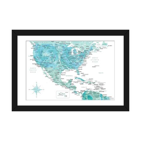 iCanvas "Map Of The Usa And The Caribbean Area In Aquamarine Watercolor" by blursbyai
