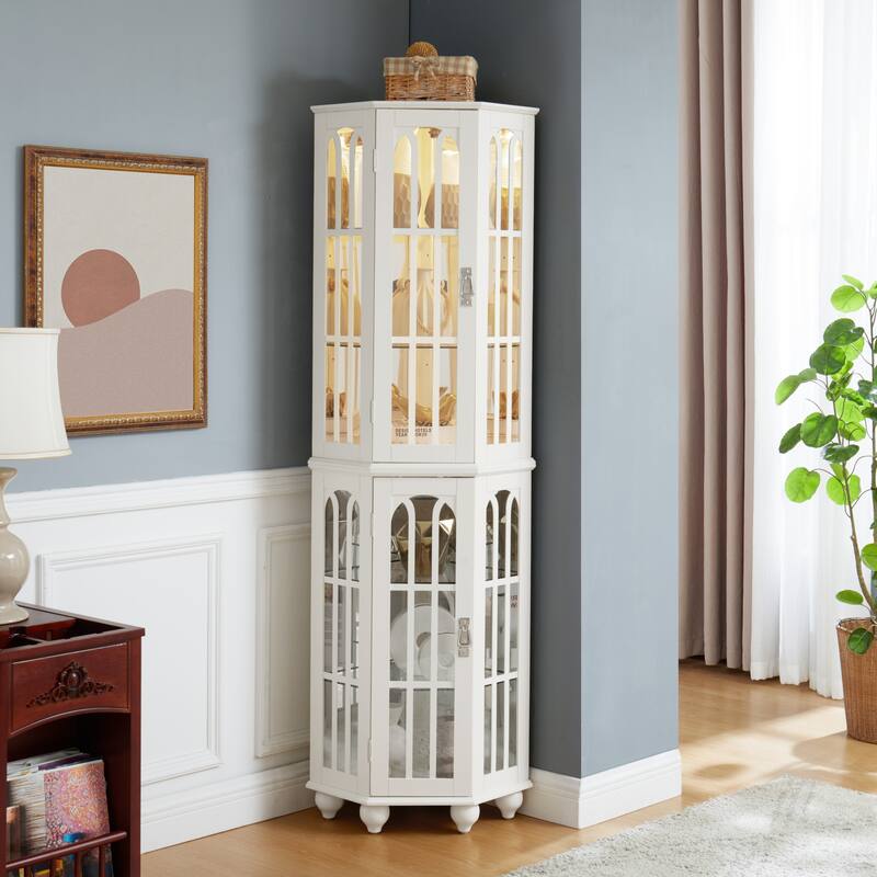 Lighted Corner Curio Cabinet, Wooden Accent Storage Cabinet, Display Cabinet with Tempered Glass Shelves & Mirrored Back