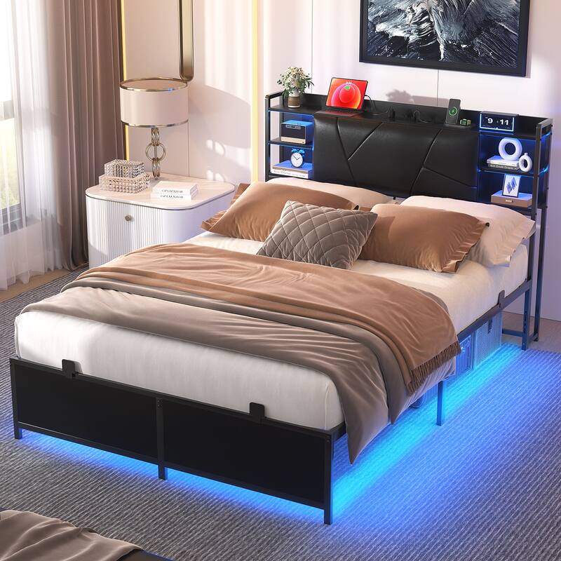 Bed Frame with Storage Upholstered Headboard and Charging Station and RGB LED Lights - Black - Full