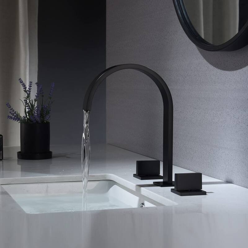Matte Black Two handles 3 holes Waterfall bathroom Sink Faucet with brass pop up overflow Drain