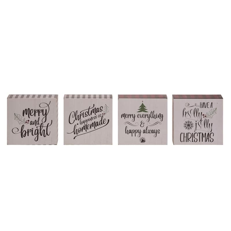 Transpac MDF Buffalo Check Greeting Block Set of 4 Christmas Home Decorations - Multicolor