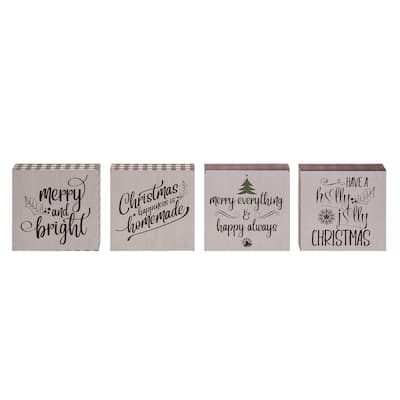 Transpac MDF Buffalo Check Greeting Block Set of 4 Christmas Home Decorations - Multicolor