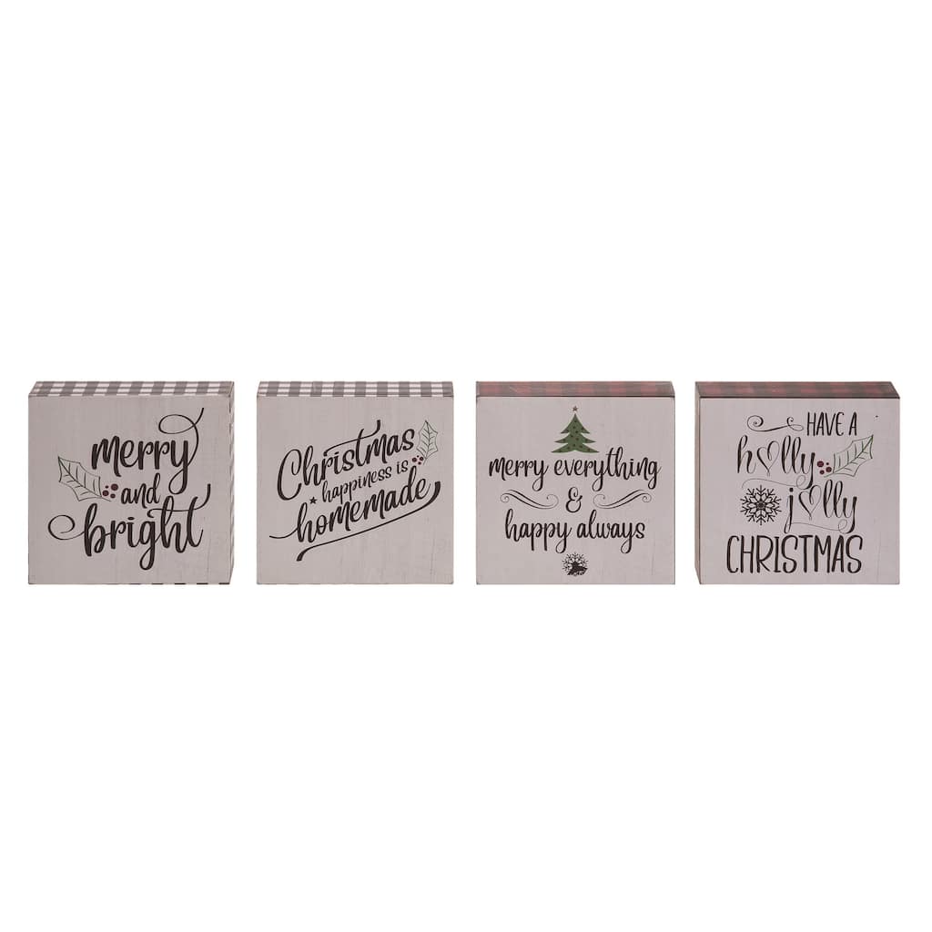 Transpac MDF Buffalo Check Greeting Block Set of 4 Christmas Home Decorations