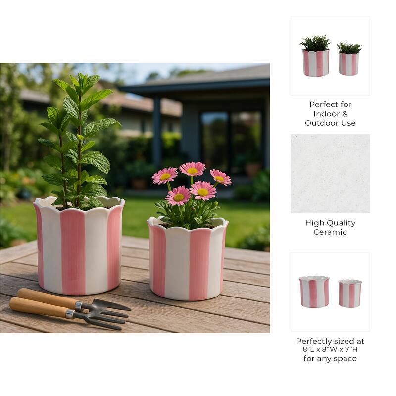 Ceramic Striped Flower Pots with Scalloped Edge - Set 2, 8", 6" - 8.0"