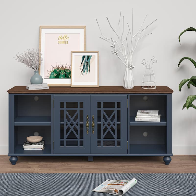 Vintage TV Stand with Carved Doors for Large Size TV - 60"W x 27"H x 15.5"D - Navy