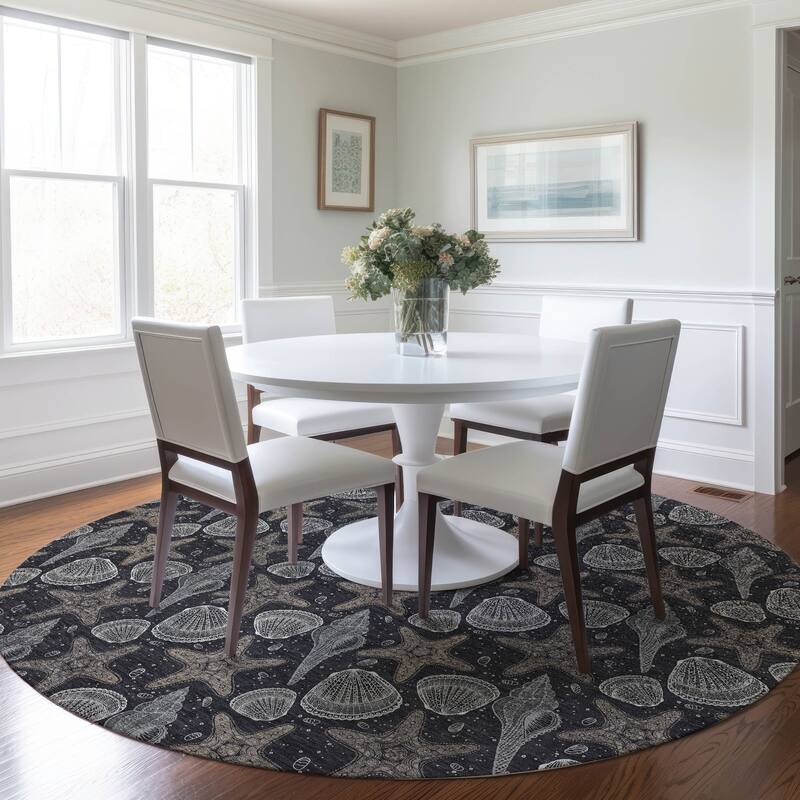 Premium Washable Super Soft Starfish Seashells Coastal Mayfield Rug - Midnight - 8' x 8' - Round