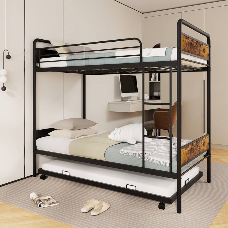 Gymax Twin Over Twin Bunk Bed w/ Trundle Industrial Metal Bunkbed