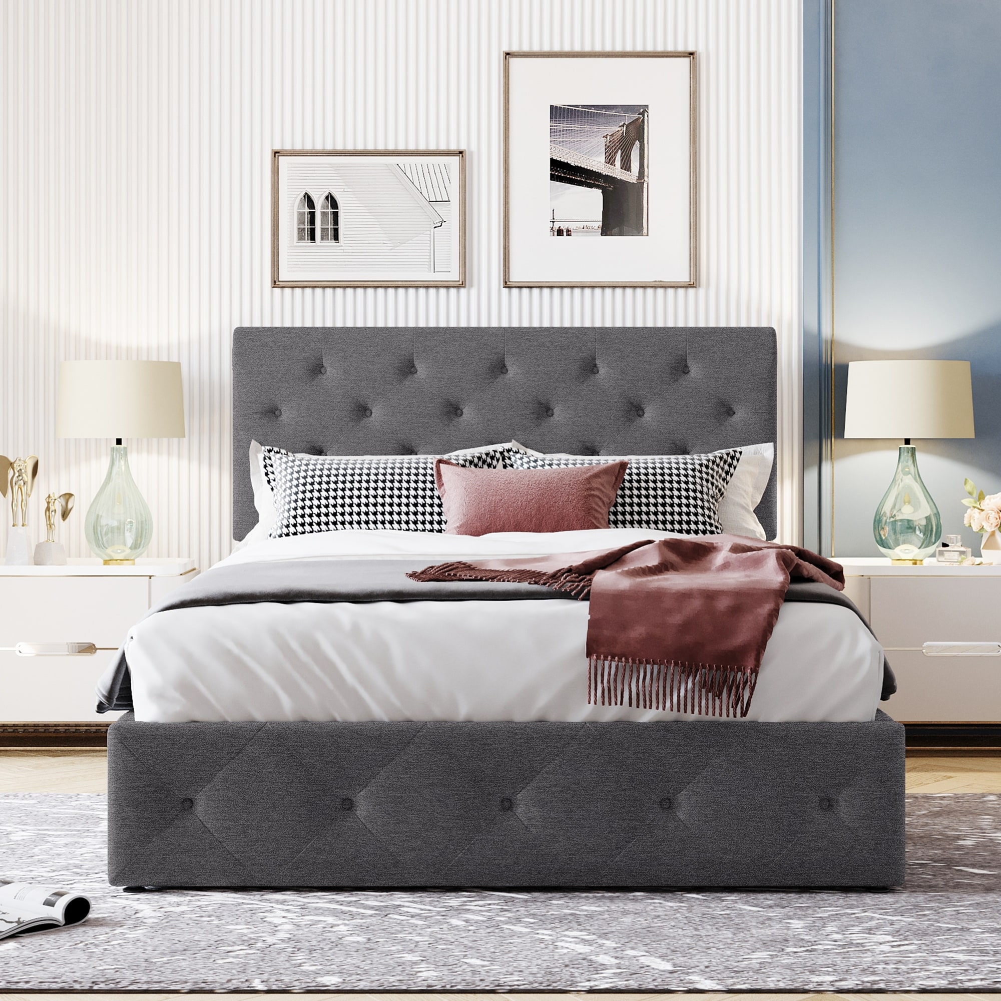 Linen Upholstered Platform Bed with Hydraulic Storage