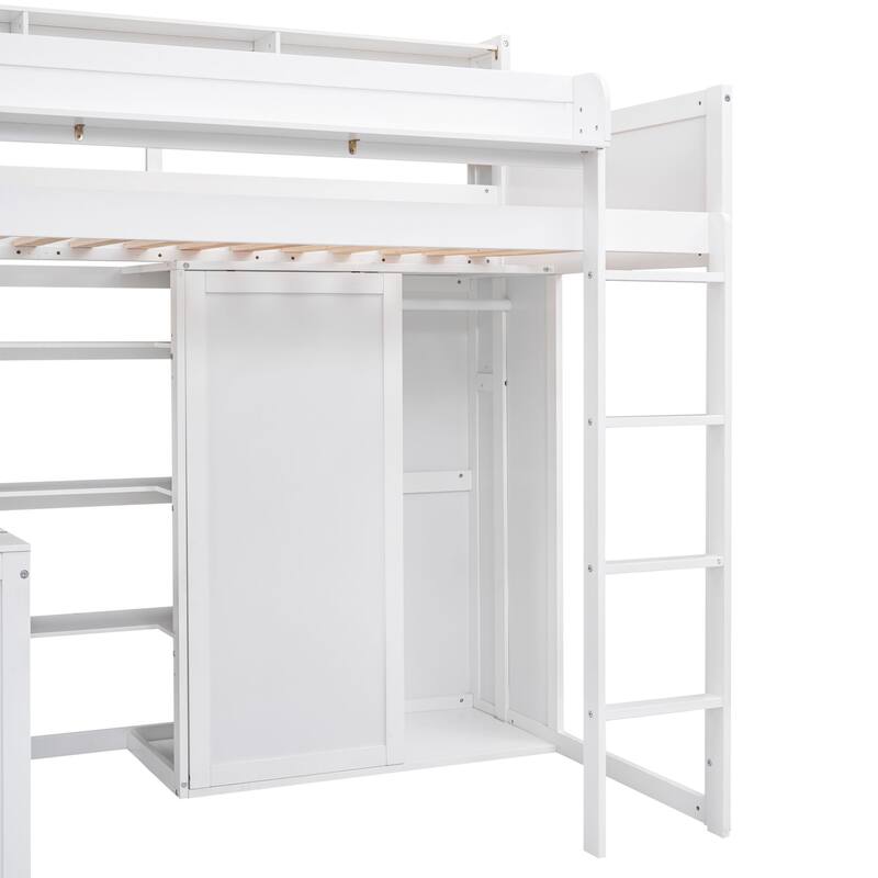 Twin Size Loft Bed with Storage Shelves, Wardrobe, and Built-in Desk, White