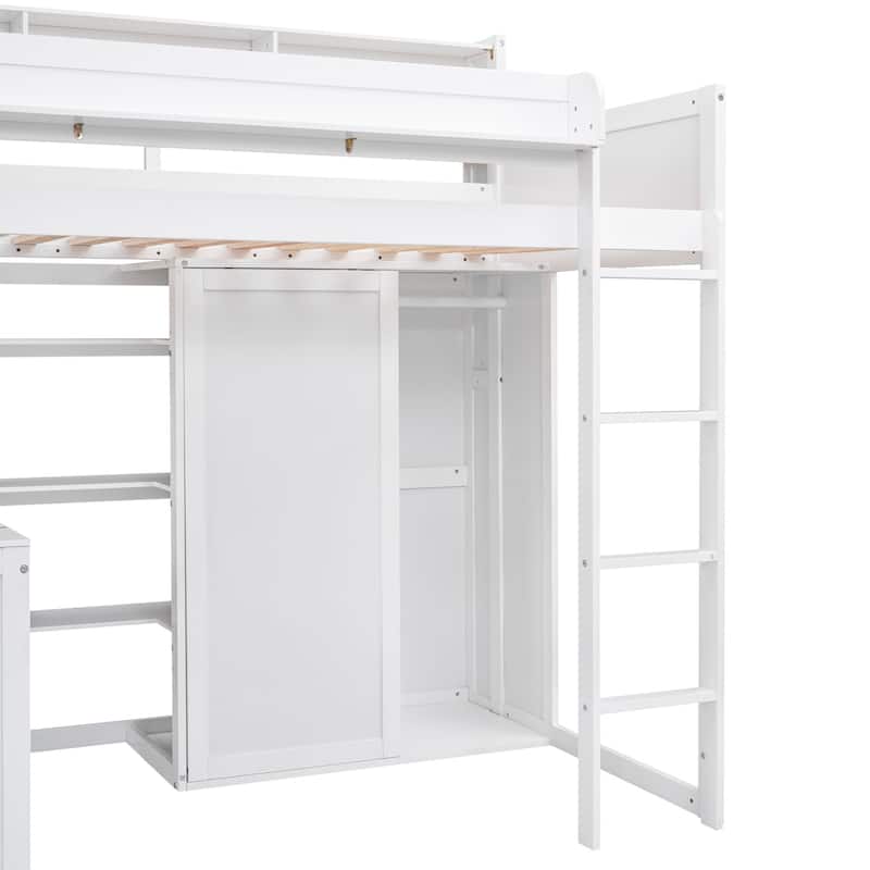 Twin Wood Loft Bed with Shelves, Wardrobe, and Desk