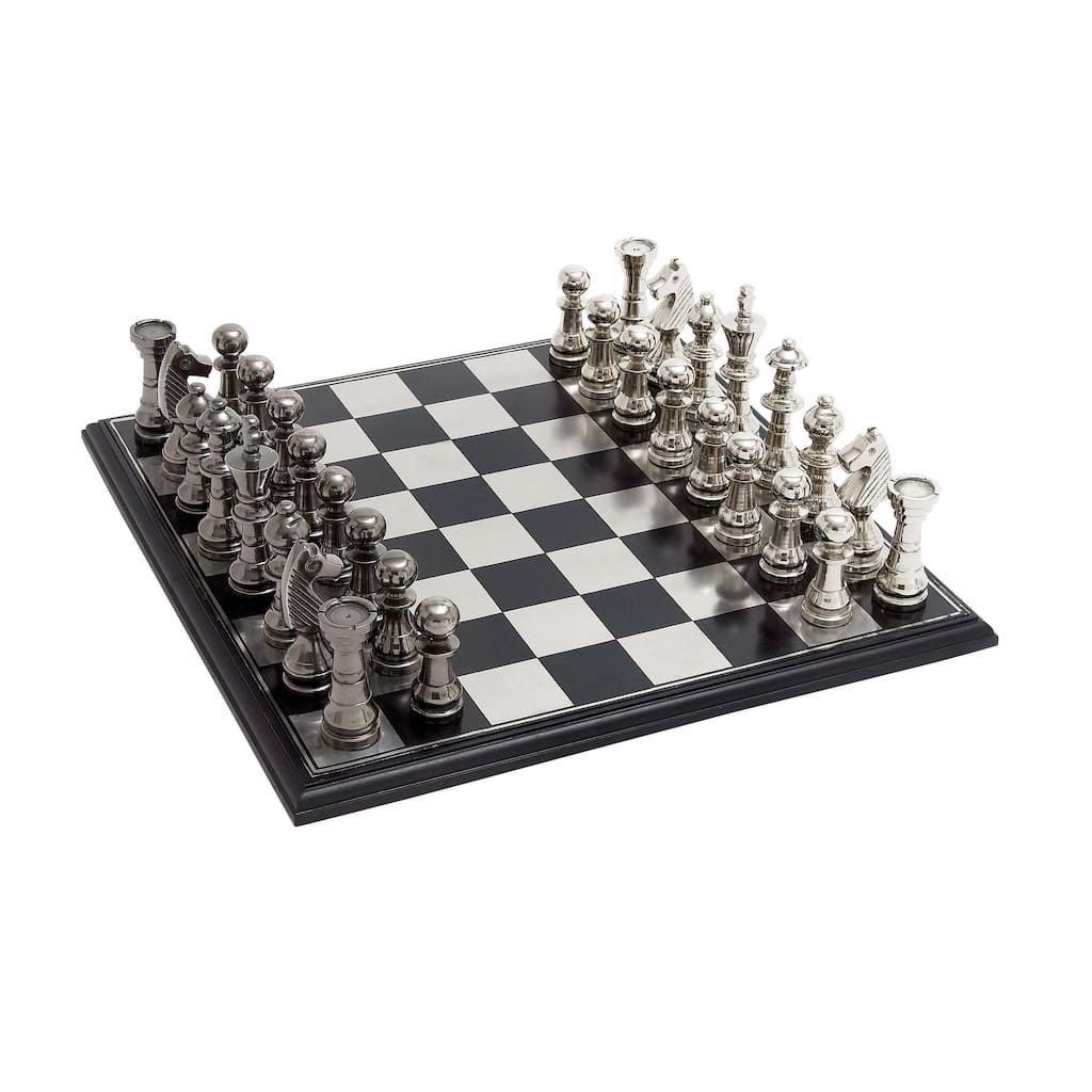 Aluminum Metal Chess Game Set with Black and Silver Pieces - Silver - Roche River Decor