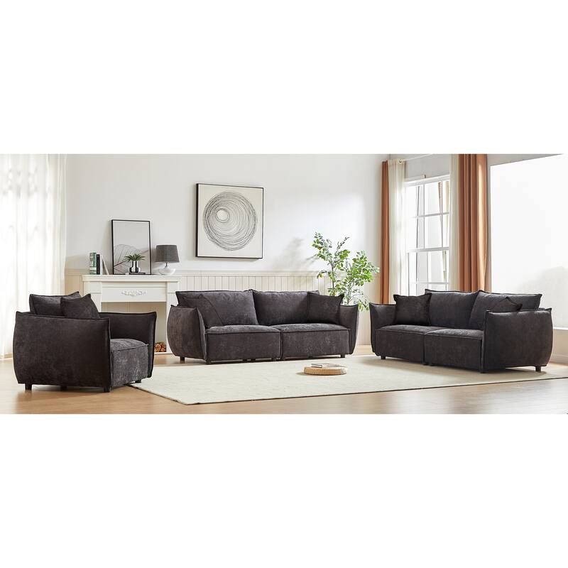 3-Piece Linen Modular Sofa Set (3+3+1) with Wood Frame & 5 Pillows