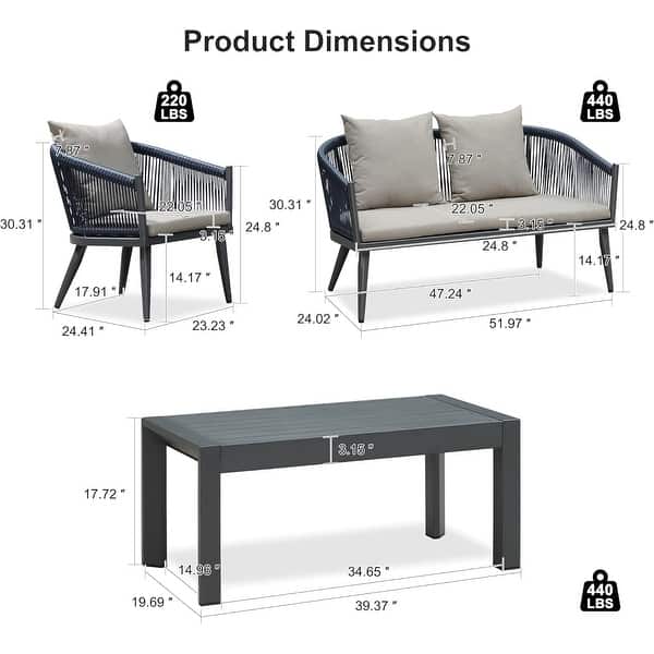 dimension image slide 0 of 3, PURPLE LEAF 4-Piece Wicker Outdoor Patio Furniture Set Aluminum Rattan Sofa