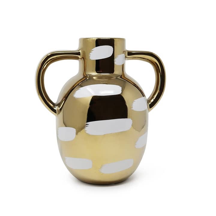 Gold Vase/Jar with White Brushstroke Design - Tall w Handle