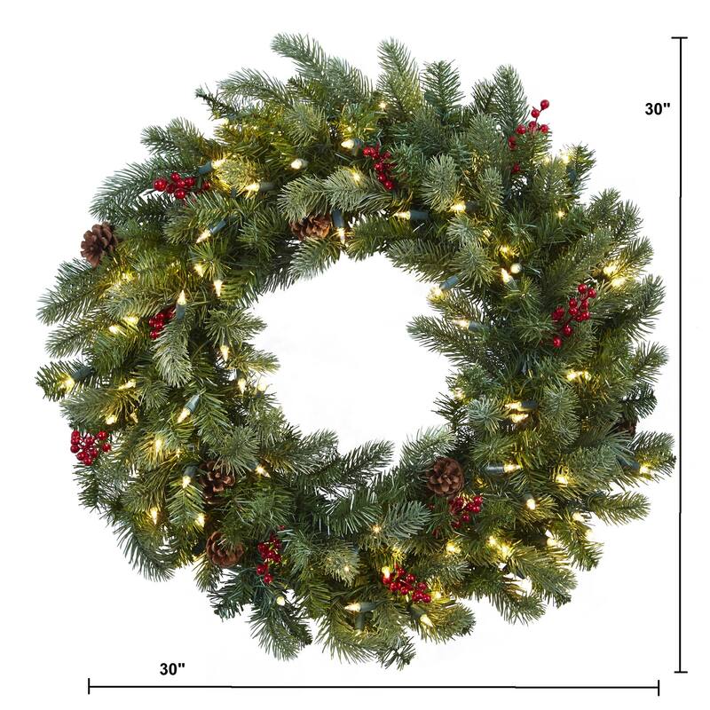 Pre-Lit Berries and Pinecones Christmas Wreath, 30-Inch, Clear Lights